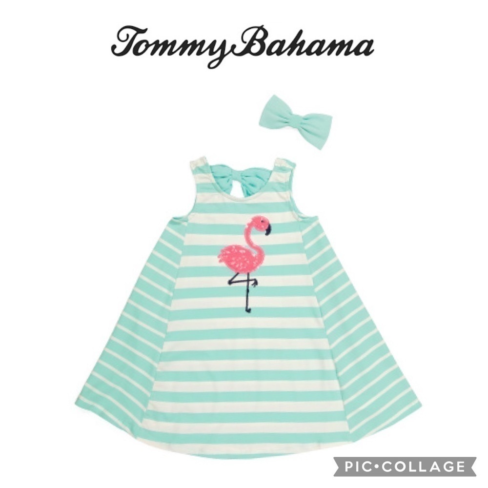 TOMMY BAHAMA Girls 3D sequins flamingo striped Dress With Hair Clip size M